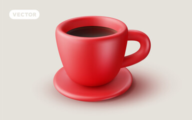 Vector illustration of realistic red color cup with coffee on light background. 3d style design of coffee cup with ceramic saucer
