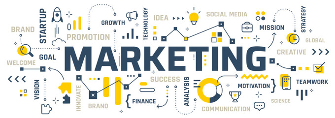 Vector creative illustration of marketing word typography with line icon, word cloud on white background. Line art style design. Marketing infographic concept