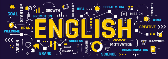 Vector education illustration of word english typography with  word cloud on blue color background. English language business infographic concept with line icon. Line art style design