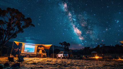 A cozy outdoor camping setup with a screen playing a movie under a stunning, star-filled night sky in the wilderness.