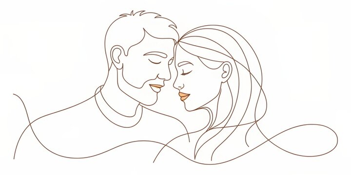 recommend clip art: Abstract one line art drawing of a woman leaning on a man's chest, one line art smooth lines drawing