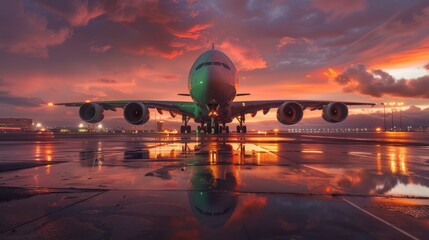 The airplane on wet runway
