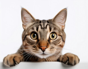 Obraz premium Portrait of a funny tabby cat peeking from behind blank banner. Isolated on white background