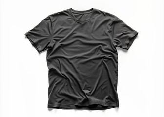Empty isolated black t-shirt hanging on a white background with natural folds and wrinkles, perfect for showcasing your design or logo in a realistic way.