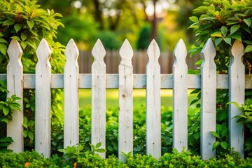 Fototapeta premium A rustic white picket fence with partial openings on each side, surrounded by lush greenery, provides ample copy space for adding text, logo, or design elements.