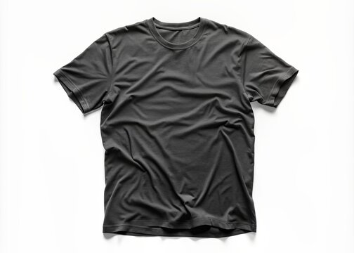 Empty isolated black t-shirt hanging on a white background with natural folds and wrinkles, perfect for showcasing your design or logo in a realistic way.