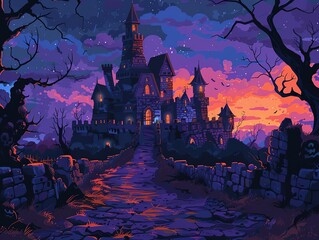 Frightening abandoned castle, eerie glow, Halloween mystery, flat design illustration