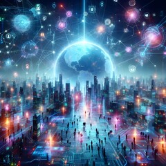 Obraz premium Digital Nexus: Global Consciousness Illuminated in Data's Cosmic Web - Humanity Converges as Earth Transforms into Living Network, Pulsing with Information's Vibrant Energy