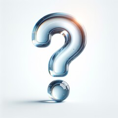 Naklejka premium Glass question mark on white background. concept of questioning, doubt, help, problem, interrogation. Transparent translucent 3d icon.