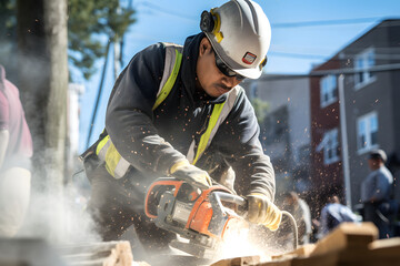 Fototapeta premium photo of construction worker cutting something with a saw at a construction site, construction