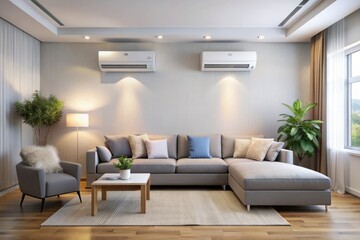 Modern air conditioning units installed on the wall of a cozy living room, efficiently cooling the space with a sleek and minimalist design.