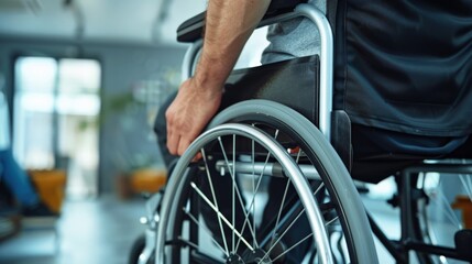 Person in a wheelchair moving through an indoor space with a blurred background. Indoor mobility and independence for disabled individuals.