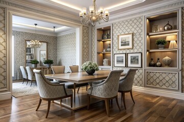 Fototapeta premium Elegant living room interior features a patterned wall backdrop, ornate picture frames, and a seamless flow into a sleek dining area and modern pantry space.