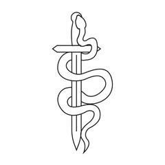 Celestial serpent snake, esoteric tarot or tattoo mystery sacred symbol. Linocut style boho. Occultism and religion, sacred rites and sacrifice. Reptile