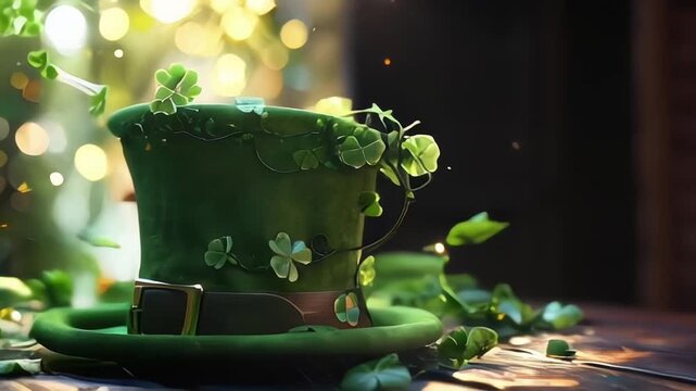 St. Patrick's Day hat lying on the ground, green with a shamrock design, symbolizing the Irish holiday celebration