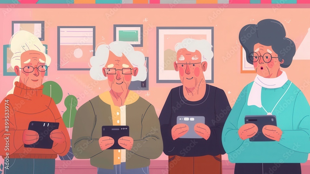 Aufkleber A group of four elderly people is focused on using tablets together, sharing experiences and learning in a cozy indoor setting. Generative AI