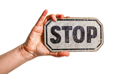Hand Holding Stop Sign: A hand holds up a weathered, rectangular stop sign with the word "STOP" emblazoned in bold, black letters. The sign serves as a powerful visual reminder to pause, reflect.