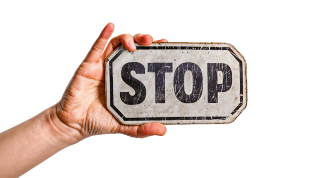 Hand Holding Stop Sign: A hand holds up a weathered, rectangular stop sign with the word "STOP" emblazoned in bold, black letters. The sign serves as a powerful visual reminder to pause, reflect.
