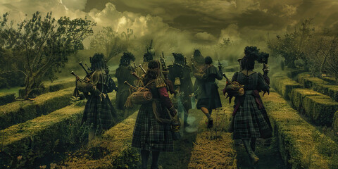 The Unspoken Goodbye: A silent procession, led by a lone bagpiper, winding through a lush garden maze