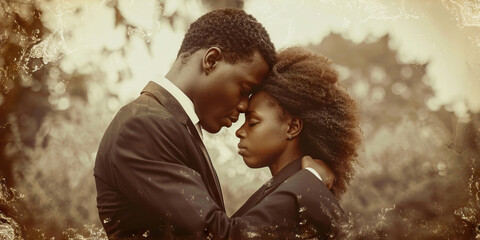 Intimate Embrace of Eternity: A pair of entwined lovers, wearing formal attire, embracing at a tasteful outdoor funeral