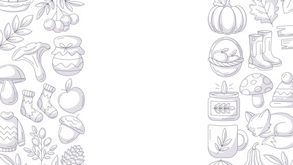 Autumn horizontal banner or background with copy space for text. Minimalist monochrome side border frame with fall seasonal cozy elements, food, clothes, mushrooms, animals. For poster, flyer, card