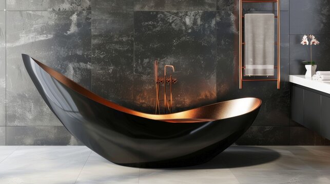 Modern black and copper bathtub in stylish bathroom