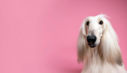 White Afghan Hound on right side. Solid pink background with copy space.