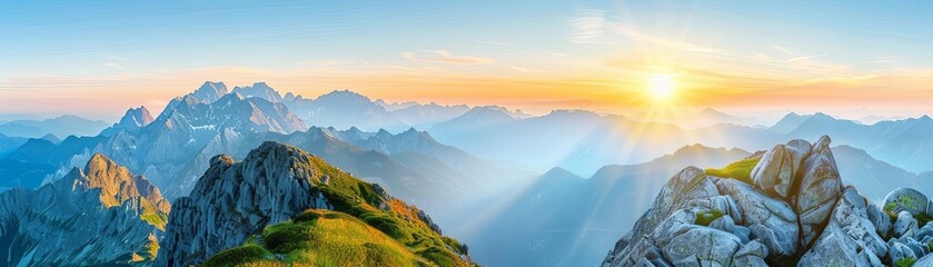 Obraz premium Golden sunrise in mountain range, Majestic peaks, Nature's beauty