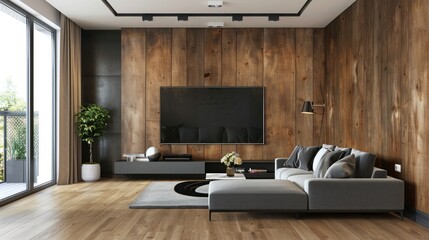 Fototapeta premium Modern living room with large flat screen TV and black coffee table