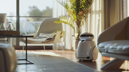 Fototapeta premium A sleek robotic assistant in a bright, modern living room looks ready to help, symbolizing the integration of technology into daily life.