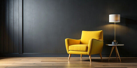 Fototapeta premium Bright Yellow Armchair Paired with a Black Wall for a Clean and Modern Aesthetic