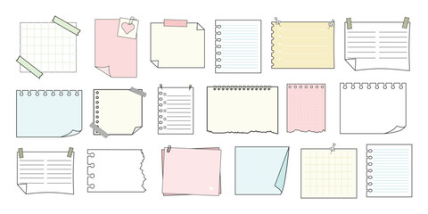 Memo sticky notes, sheet reminder, color office or school pages with tape, marks, pin, paperclip frames doodle style. Notebook bullet dairy list, funny retro drawing.