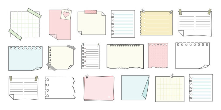Memo sticky notes, sheet reminder, color office or school pages with tape, marks, pin, paperclip frames doodle style. Notebook bullet dairy list, funny retro drawing.