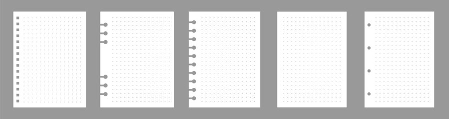 Set of notebook sheets isolated on gray background. Realistic white blanks of dots paper. Different vertical pages from diary. Vector template.