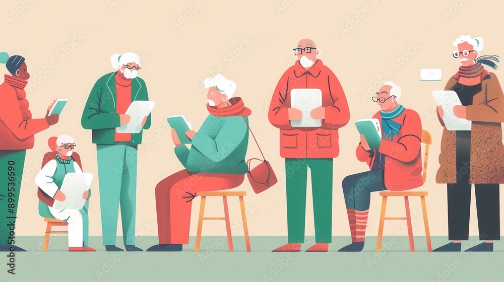 Poster A group of elderly individuals participates in a shared activity, using tablets and engaging in conversation while seated in a cozy indoor setting. Generative AI