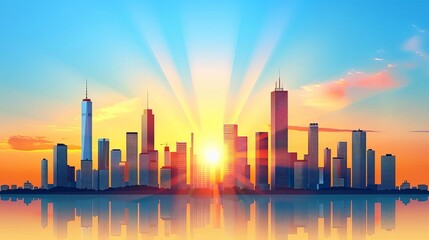 Obraz premium Sunset glow over modern city skyline, city sunset, urban twilight silhouette