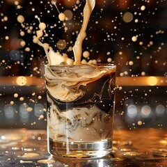 Creamy Coffee Drink Splashes into Glass with a Dramatic Backdrop.