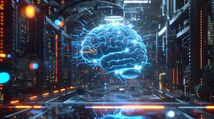 Obraz premium Futuristic Digital Brain Flashing with Neurons in Transparent Technological Cyber Space
