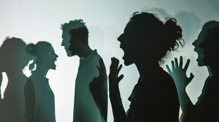 Silhouettes of people in an intense conversation, shadows cast in various directions, depicting conflict, communication breakdown, and emotional intensity.