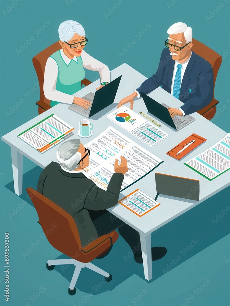 Leinwandbilder three elderly people are discussing important documents and using laptops while seated at a conferen