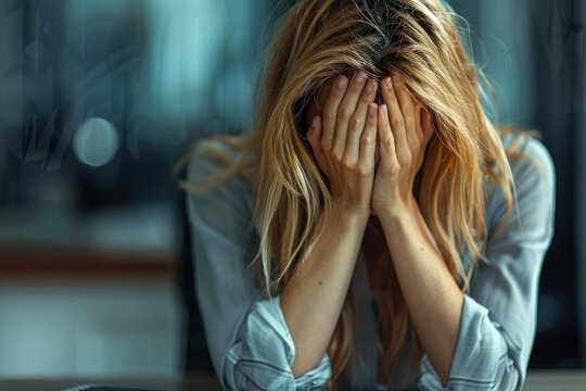 Stressed woman with her hands in her face, expressing emotional distress and anxiety in an indoor environment.