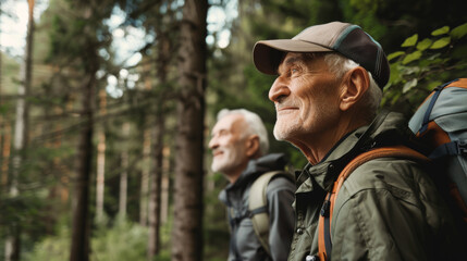Fototapeta premium Two elderly men happily hiking through a forest, exuding a sense of friendship, adventure, and appreciation for nature and active living.