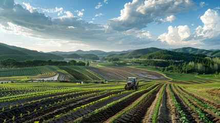 A tractor operates on vast, verdant farm fields under a blue sky with scattered clouds.
