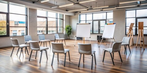 Energetic and engaging empty workshop space with flipchart, markers, and chairs, conveying a sense of dynamic learning and professional growth.