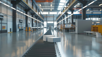 Fototapeta premium Packages move along a conveyor belt in a vast, modern factory, highlighting the efficiency of automated logistics.