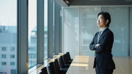 Fototapeta premium A confident businessman in a suit stands with arms crossed, gazing out of a large office window, exuding determination and ambition.