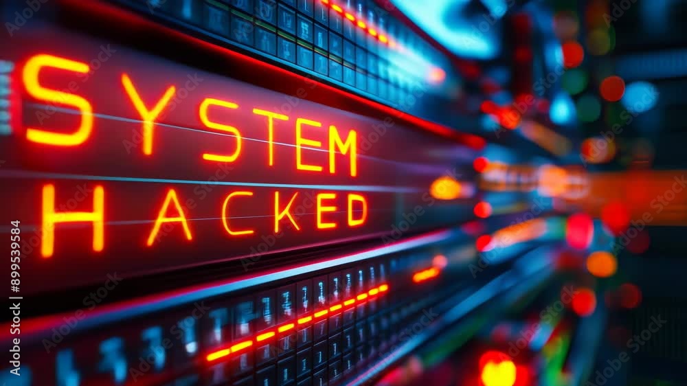 Poster system hacked alert on server data panel at night illustrating cyber security breach with glowing vu