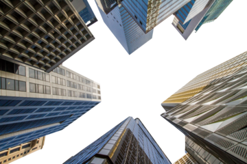 Modern skyscrapers viewed from below, showcasing various architectural styles against a white background. Concept of urban architecture and city life