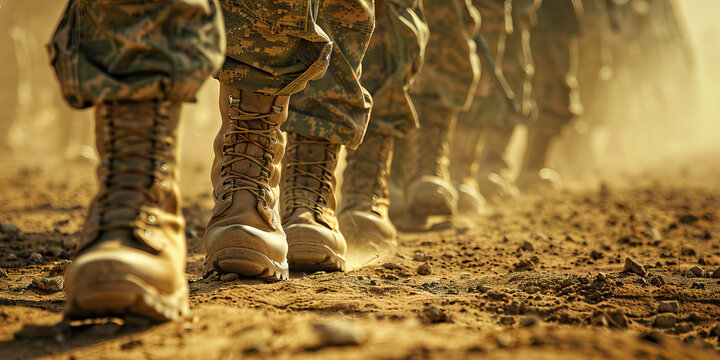 The Silent March: A line of soldiers, marching in formation, their boots thumping rhythmically on the dusty ground