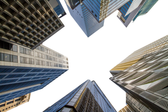 Modern skyscrapers viewed from below, showcasing various architectural styles against a white background. Concept of urban architecture and city life
